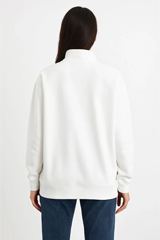Üç İplik Dık Yaka Yarım Fermuarlı SweatShirt - Beyaz
