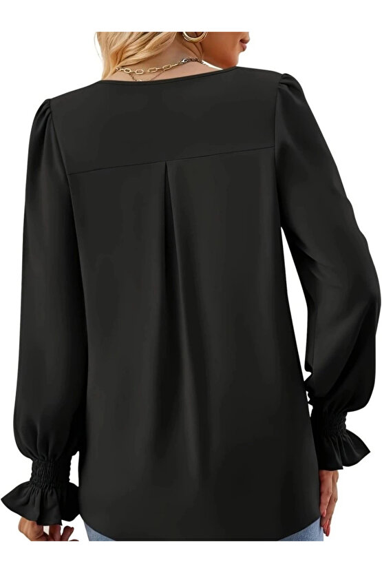 Kadın Uzun Kollu V Yakalı Salaş Ithal Krep Bluz