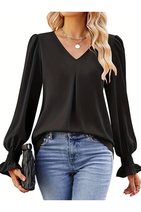 Kadın Uzun Kollu V Yakalı Salaş Ithal Krep Bluz