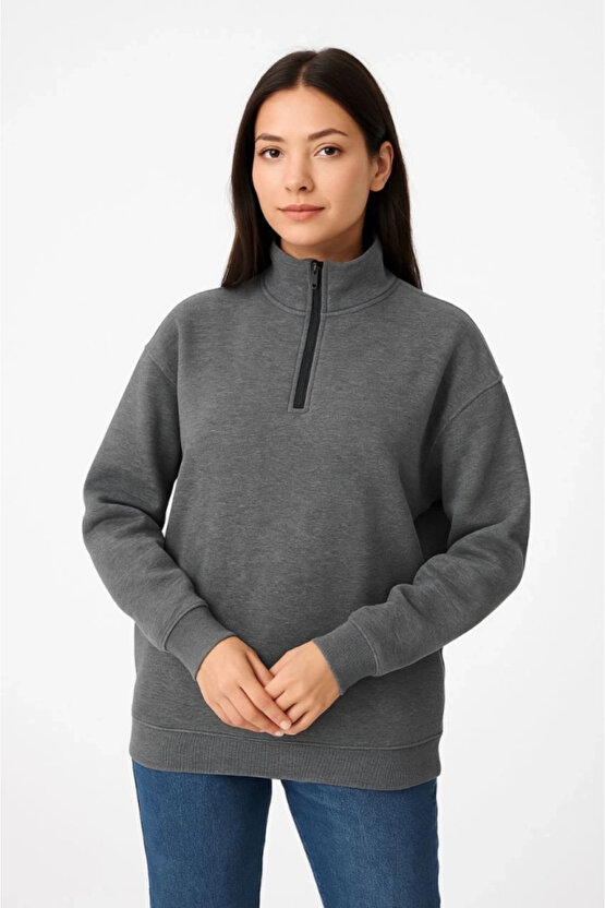 Üç İplik Dık Yaka Yarım Fermuarlı SweatShirt - Antrasit