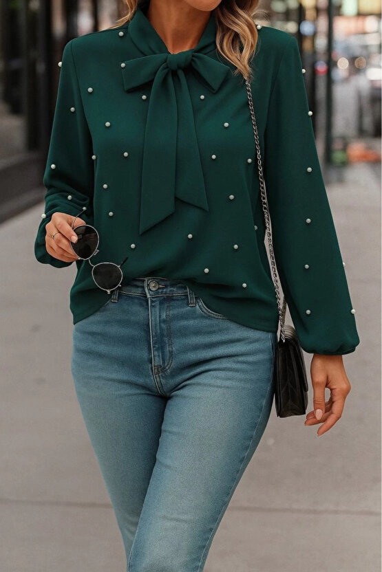 Kadın Uzun Kollu Yakadan Fiyonklu Incili Ithal Krep Bluz