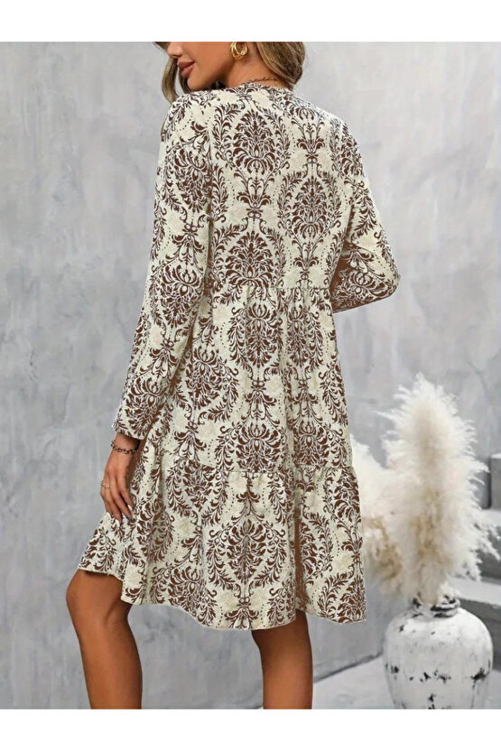 Kadın Uzun Kollu V Yakalı Fırfırlı Mini Süprem Elbise