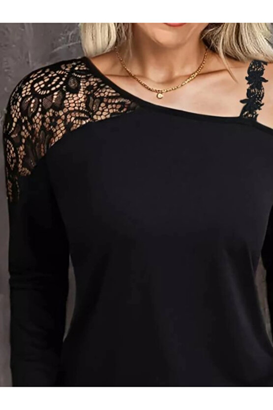 Kadın Tek Omuzu Açık Askılı Dantelli Viskon Bluz