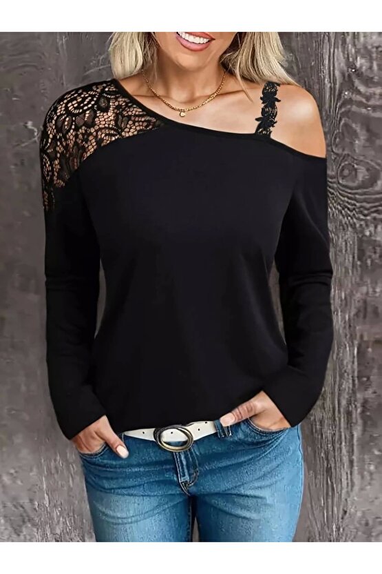 Kadın Tek Omuzu Açık Askılı Dantelli Viskon Bluz