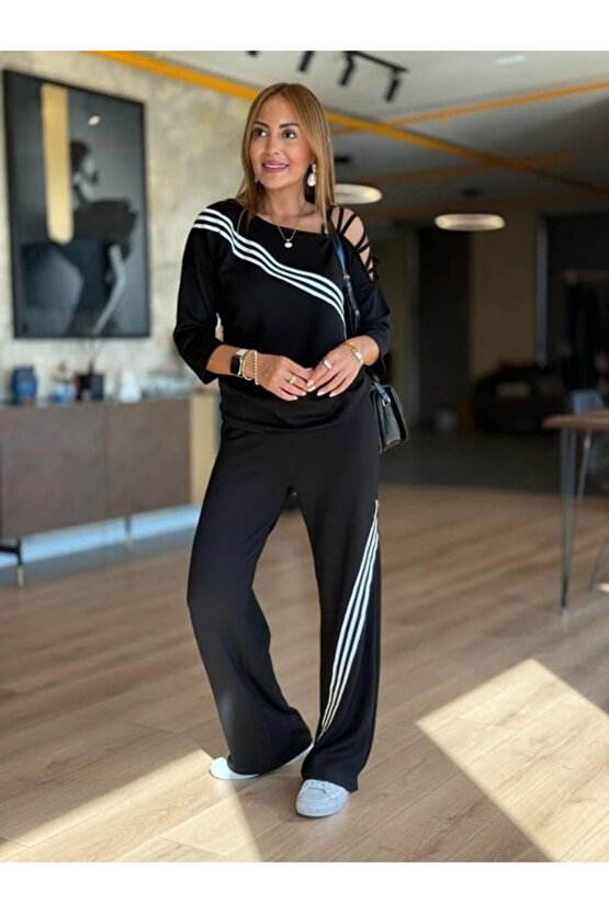 Kadın Uzun Kollu Omuz Dekolteli çapraz Ribana Detay Bluz Ve Pantolon Ikili Takım