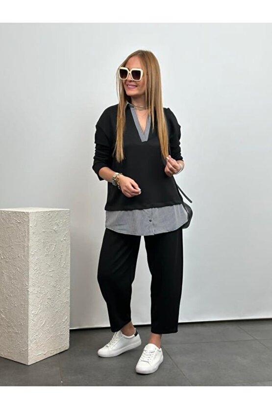 Polo Yaka Gömlek Detay Salaş Balon Pantolunlu ıkılı Takım