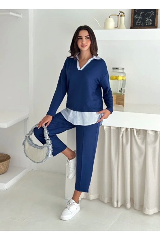 Polo Yaka Gömlekli Salaş Balon Pantolunlu ıkılı Takım