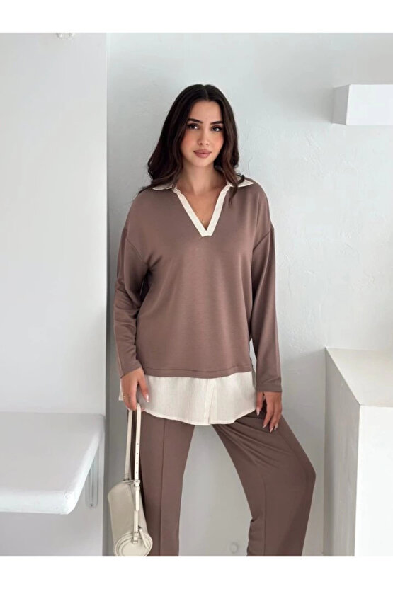 Polo Yaka Gömlekli Salaş Balon Pantolunlu ıkılı Takım