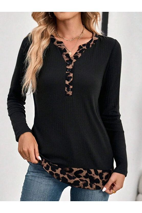 Kadın Uzun Kollu Yakadan Düğmeli Leopar Detaylı Kaşkorse Bluz