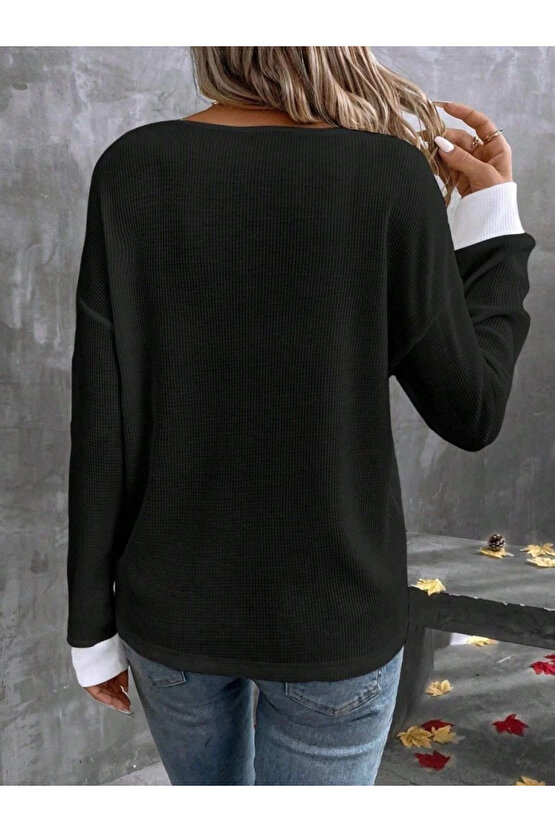 Kadın Uzun Kollu V Yakalı Waffle Bluz