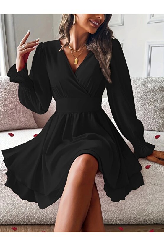 Kadın Uzun Kollu Kruvaze Yakalı Mini Sandy Elbise