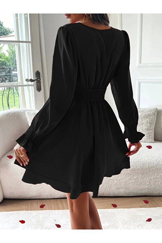 Kadın Uzun Kollu Kruvaze Yakalı Mini Sandy Elbise