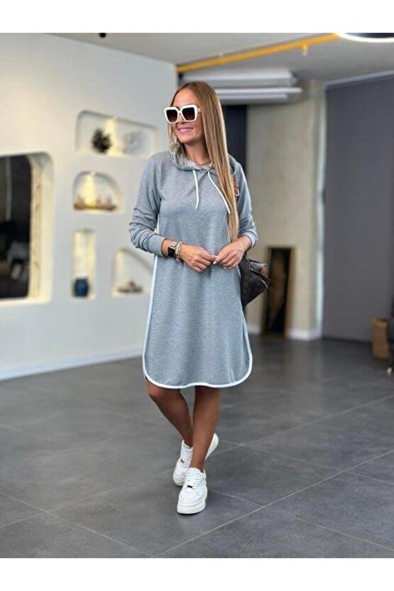 Kadın Uzun Kollu Kapüşon Ve Ribana Detay Diz üstü Elbise