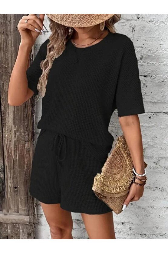 EQURİ Kadın Kısa Kollu Bisiklet Yaka Alt Ve üst Waffle Ikili Takım