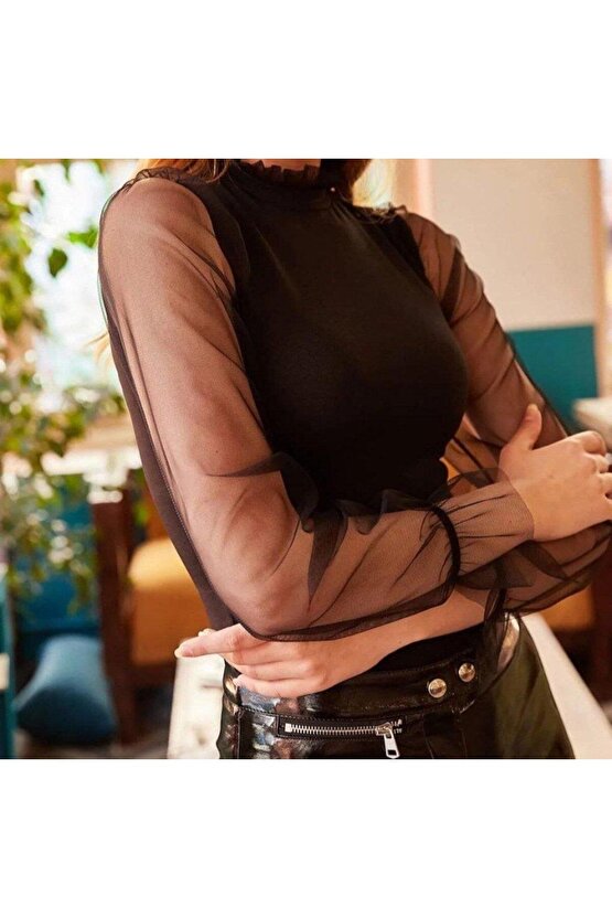 Kadın Kolları Tül Detaylı örme Krep Kumaş Bluz