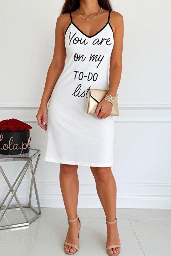 Kadın Kolsuz Askılı Sırt çapraz Detay To Do List Baskı Süprem Gecelik Elbise