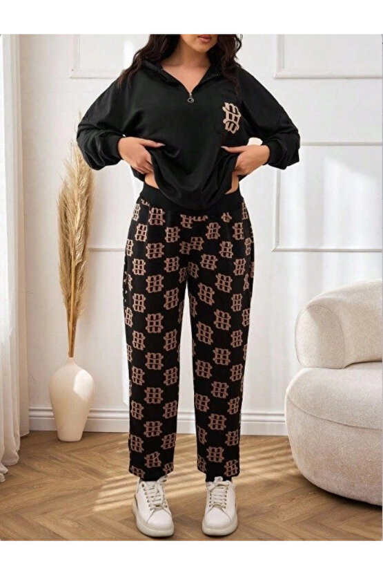 Kadın Uzun Kollu Iki Iplik Kumaş Fermuar Ve Cep Detay Kapüşonlu Ikili Takım