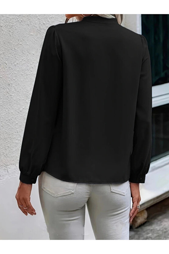 Kadın Uzun Kollu Yakalı Yakadan Bağcıklı Düğmeli Sandy Bluz