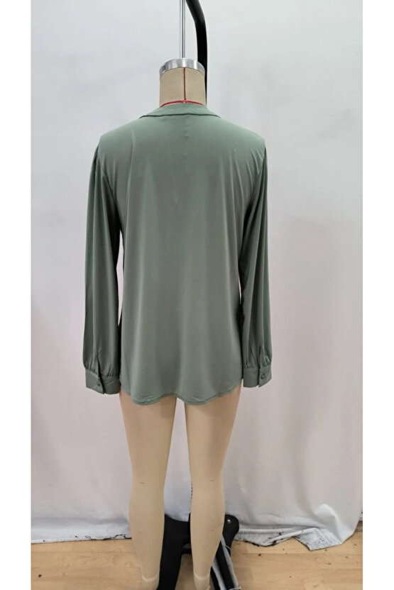 Kadın Uzun Kollu Yakalı Yakadan Bağcıklı Düğmeli Sandy Bluz