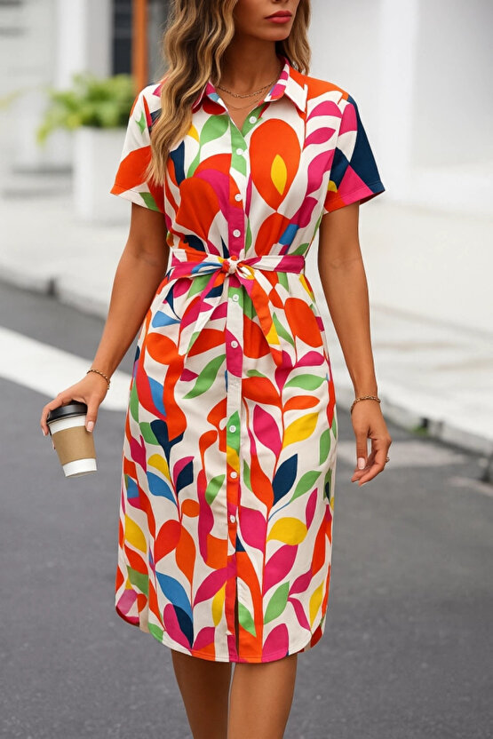 MDB Kadın Kısa Kollu Yakalı önü Düğmeli önden Drapeli Desenli Süprem Elbise