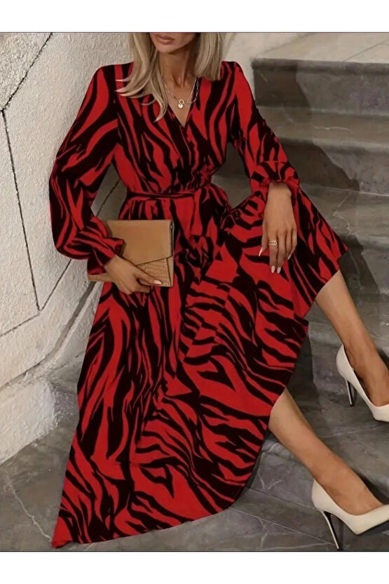 Kadın Uzun Kollu Kruvaze Yakalı Kuşaklı Zebra Desenli Süprem Maxi Elbise