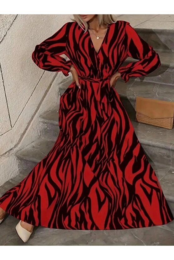 Kadın Uzun Kollu Kruvaze Yakalı Kuşaklı Zebra Desenli Süprem Maxi Elbise