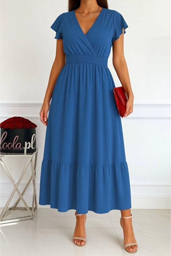 Kadın Kısa Kelebek Kollu Kruvaze Yakalı Beli Lastikli Aerobin Elbise