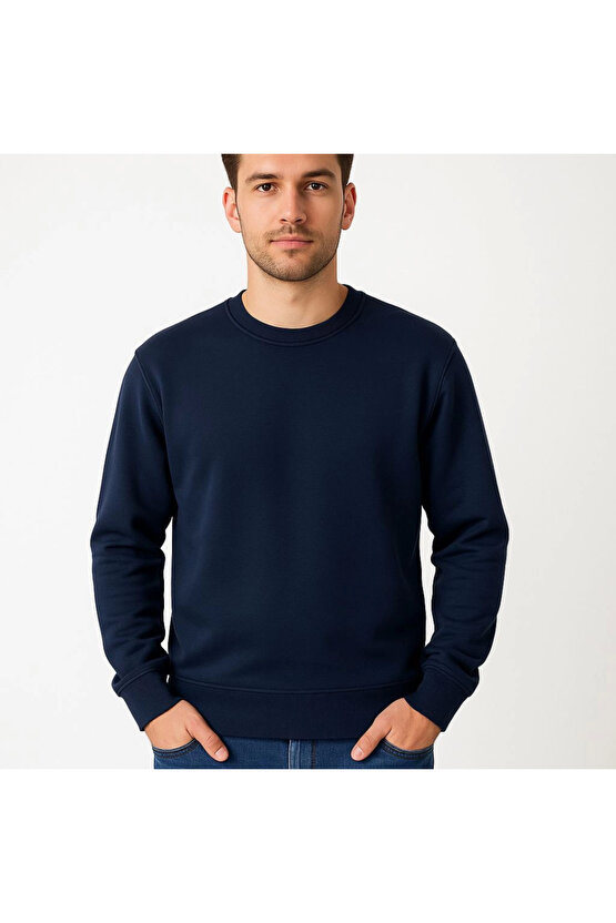 EQURİ Erkek Üç İplik Düz Bisiklet Yaka SweatShirt - Lacivert