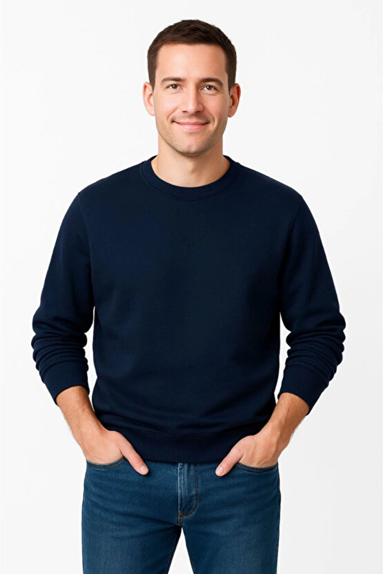 EQURİ Erkek Üç İplik Düz Bisiklet Yaka SweatShirt - Lacivert