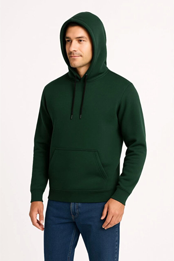 EQURİ Erkek Üç İplik Kapüşonlu Kanguru Cepli SweatShirt Hoodie - Haki