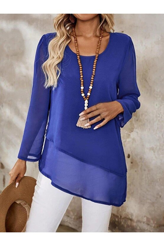 Kadın Uzun Kollu Yuvarlak Asimetrik Detaylı şifon Bluz