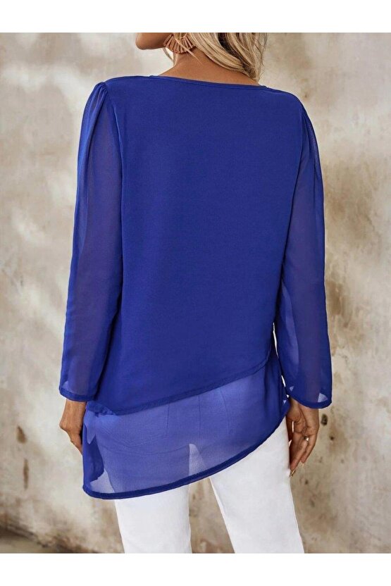 Kadın Uzun Kollu Yuvarlak Asimetrik Detaylı şifon Bluz