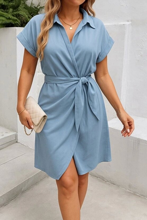 Kadın Kısa Kollu Yakalı Yandan Bağlamalı Dokuma Elbise