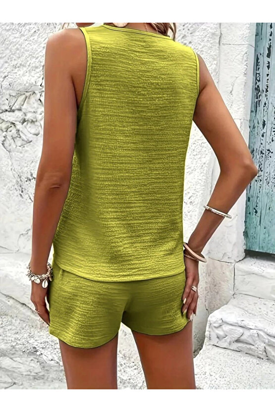 MDB Kadın Askılı Kolsuz V Yakalı önden Düğmeli Bürümcük Bluz Ve Short Ikili Takım