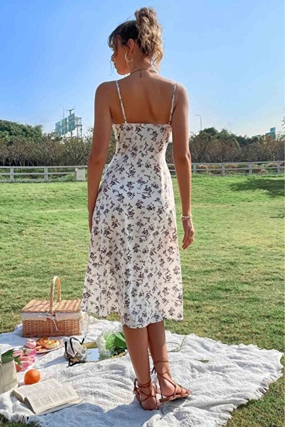 EQURİ Kadın Ip Askılı Yakadan Bağcıklı Desenli Süprem Elbise