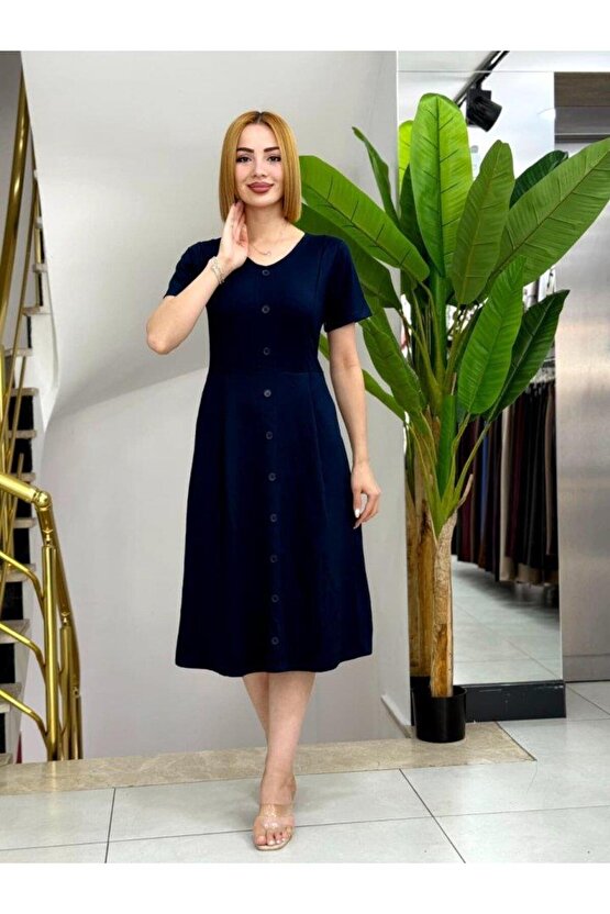 Kadın Kısa Kollu V Yakalı önden Düğmeli A Kesim Dokuma Elbise