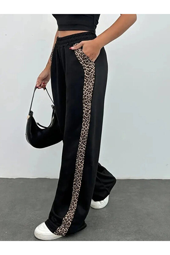 Kadın Yüksek Bel Bağcıklı Yanları Leopar Desenli Viskon Iki Iplik Pantolon