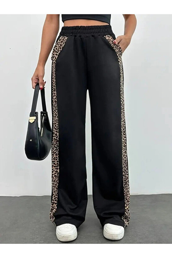 Kadın Yüksek Bel Bağcıklı Yanları Leopar Desenli Viskon Iki Iplik Pantolon