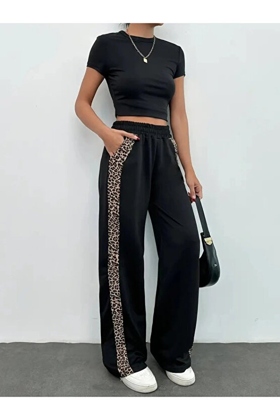 Kadın Yüksek Bel Bağcıklı Yanları Leopar Desenli Viskon Iki Iplik Pantolon