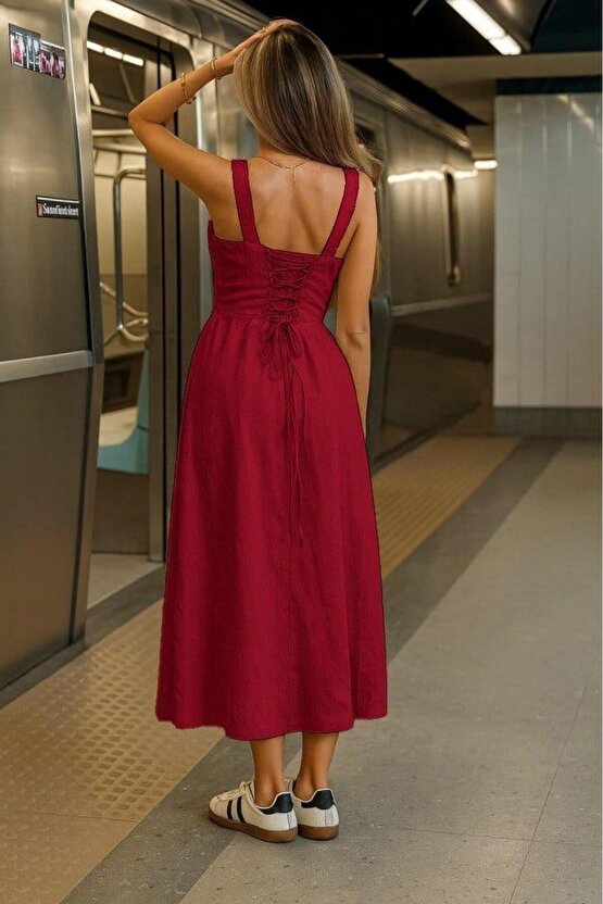 Kadın Askılı Geniş V Yakalı Sırttan Bağlamalı Yırtmaçlı Süprem Elbise