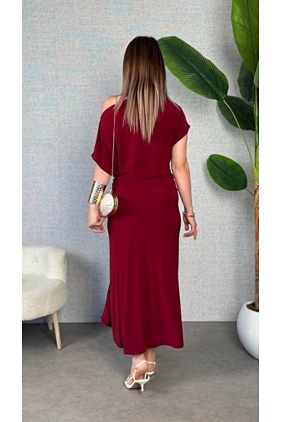 Kadın Kısa Kollu Tek Omuzdan Açık Beli Lastikli Sandy Maxi Elbise