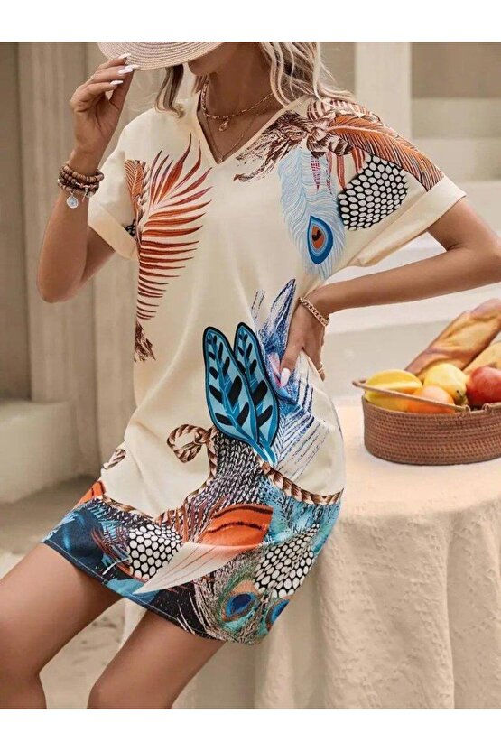 Kadın Kısa Kollu V Yakalı Desenli Mini Atlas Elbise