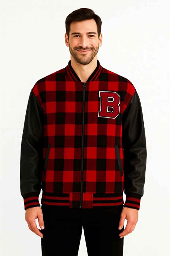 MDB Kolları uni Deri Içi Astarlı Oduncu Kolej Içi Ceket Bordo