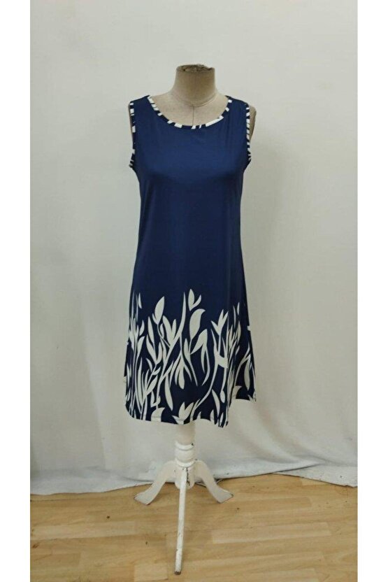 Kadın Askılı Yuvarlak Yakalı Yaprak Desenli Dalgıç Elbise