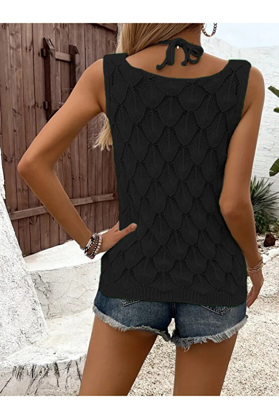 EQURİ Kadın Askılı Yakalı Desenli Triko Bluz