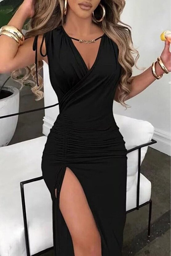 Kadın Sıfır Kollu V Yakalı Yırtmaç Detaylı Beli Büzgülü Omuzdan Bağcıklı Sandy Maxi E