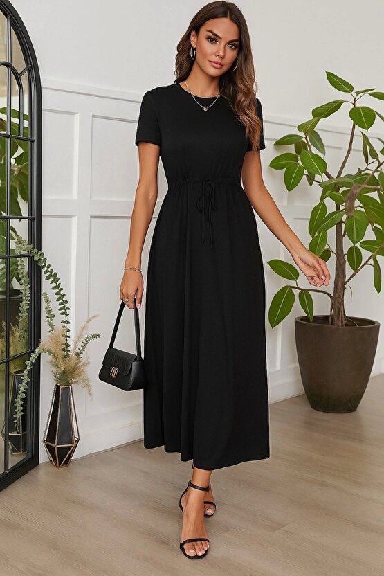 Kadın Kısa Kollu Bisiklet Yaka Belden Bağlamalı önü Bağcık Detaylı Maksi Boy Viskon Elbise