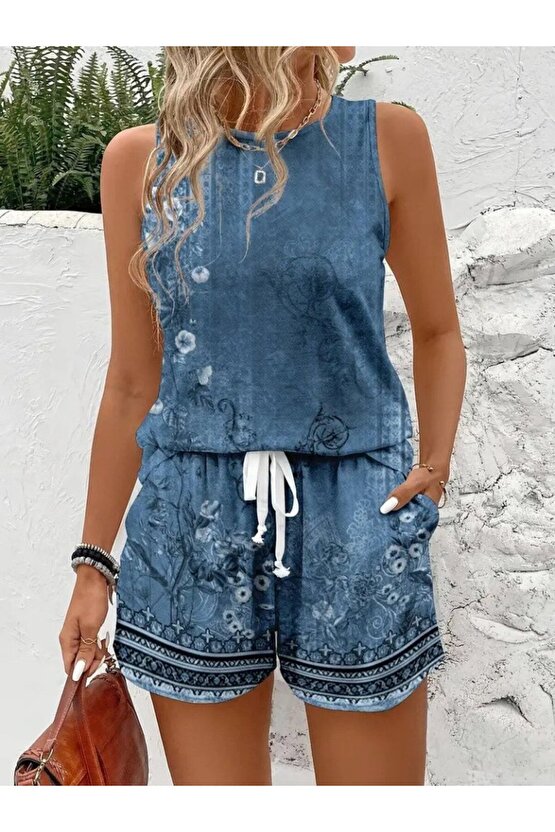 EQURİ Kadın Askılı Yuvarlak Yaka çiçek Baskılı Süprme Bluz Ve Short Ikili Takım