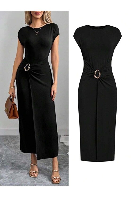 Kadın Yarım Ay Kollu Yuvarlak Yaka önünde Toka Detaylı Modal Maxi Elbise