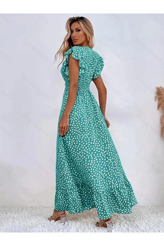 Kadın Kısa Kollu Kruvaze Yaka Beli Lastikli çiçek Desenli Elbise